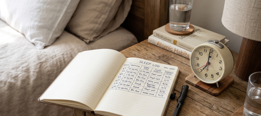 A sleep diary or journal on a nightstand alongside a simple lamp and alarm clock, fitting the practical steps section. 