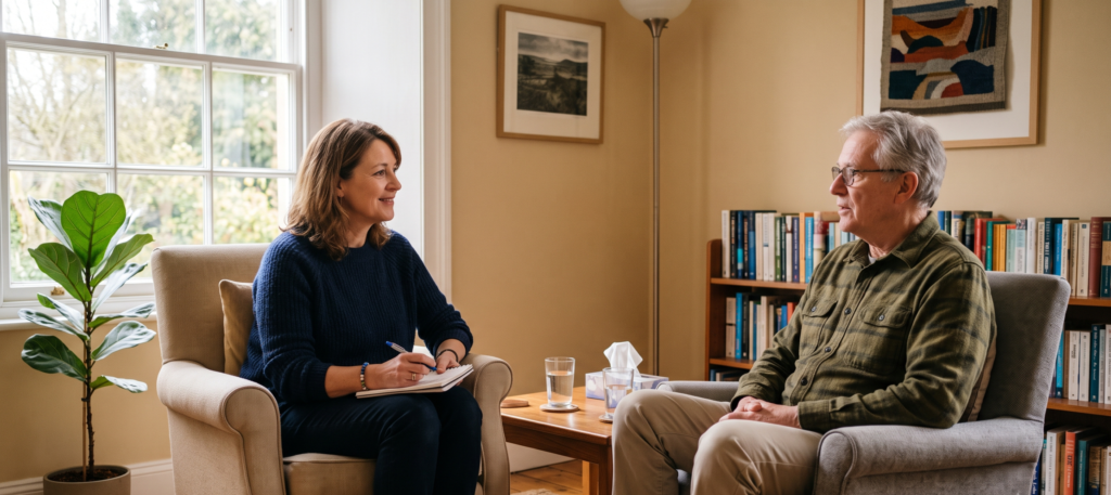 A calm therapy session setting that conveys trust and professional support, which fits this section on clinical validation of CBT-I. 